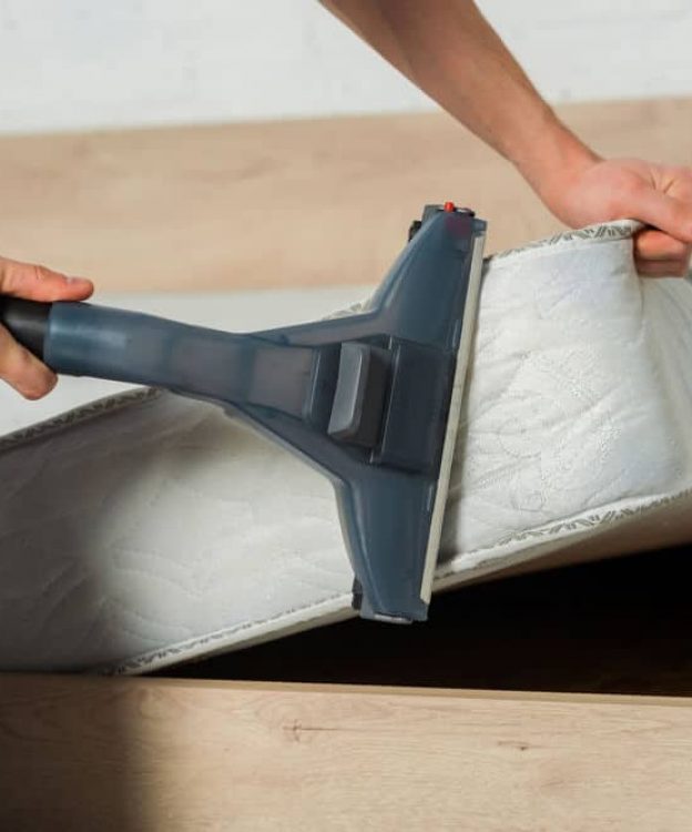 Man Removing Dust on Mattress with Vacuum Cleaner — Upholstery & Carpet Cleaning on the Noosa, QLD